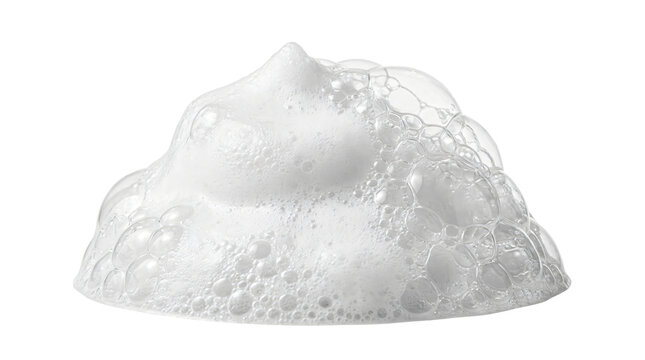 Fluffy white soap foam bubble mound with soft texture and gentle lighting on transparent background
