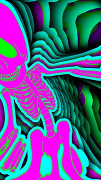 Seamless vertical video of a thriller dancing skeleton with echo effect. Funny halloween background with cartoon effect