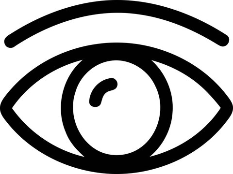 Minimalist black and white line art depiction of a human eye featuring bold thick eyebrows and a clearly defined pupil design