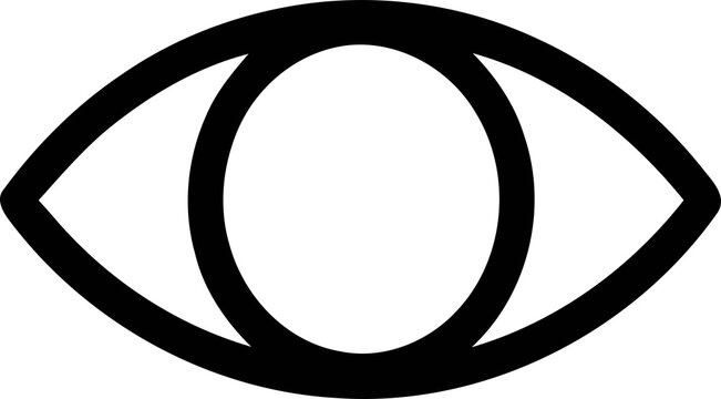 A simple minimalist black and white line art illustration depicts a uniquely stylized human eye featuring an oval shaped pupil design