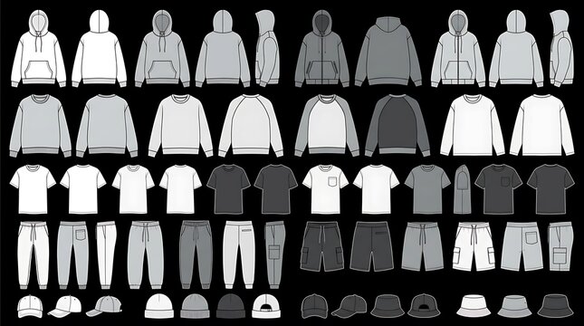 Large collection of clothing flat sketches. Apparel technical drawings include hoodies, t-shirts, pants, jackets, accessories. Fashion designer templates for streetwear tech packs, garment