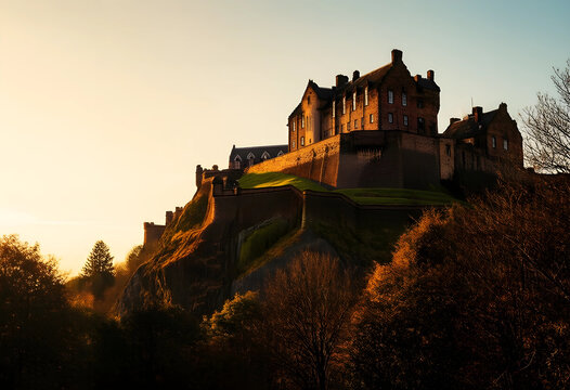 Heritage tourism and historical travel, ancient stone castle on a rocky hill at sunset with golden hour light and dramatic landscape architecture