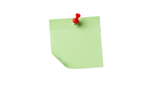 Bright green sticky note memo pinned securely with vibrant red pushpin on transparent background