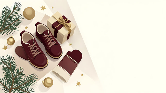 Christmas gift set with maroon sneakers boots mittens and wrapped box