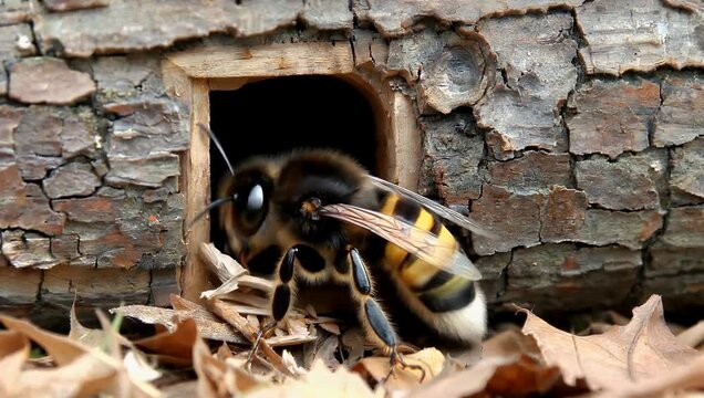 Captured in cinematic 4K macro detail fascinating wildlife footage reveals a carpenter bee emerging from its natural nesting den actively carrying small wood debris as it exhibits authentic