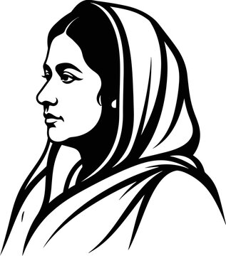 Begum, Rokeya, portrait, vector, silhouette, historical, writer, feminist, reformer, woman, side, view, profile, black, white, icon, illustration, graphics, vintage, veil   