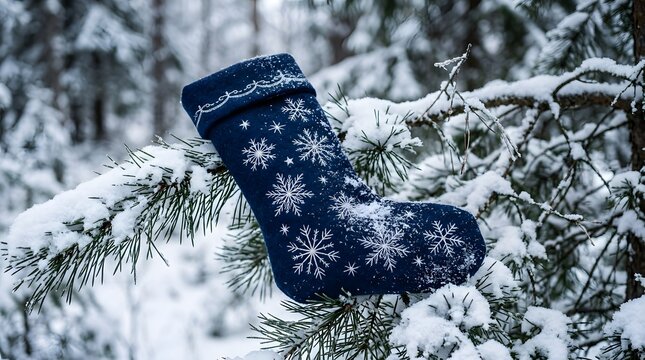 Cozy blue winter boot rests in a snowy forest scene with blurred background