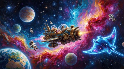 Fototapeta premium Steampunk spaceship flies through colorful cosmic nebula with glowing manta ray. Astronauts float near mechanical starship in deep space. Vibrant planets, stardust fill galaxy. Sci-fi fantasy