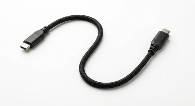 Black flexible electrical cable forming a curved loop isolated on a white background, suitable for technology, electronics, wiring, and connection concepts.