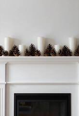 Fototapeta premium Hygge home decor and winter holiday atmosphere, white candles and pine cones arranged on a fireplace mantel for seasonal interior design and comfort