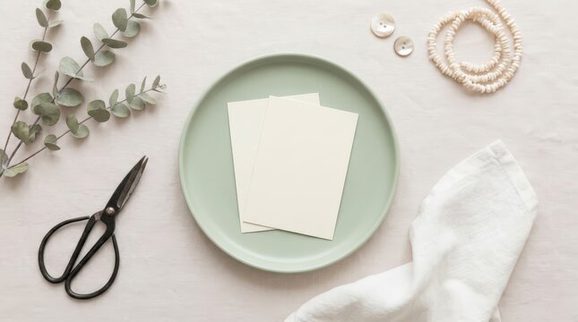 Flat lay of a plate with blank cards and wedding elements for mockups.