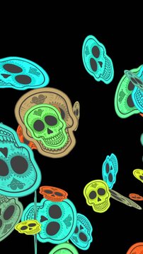 Seamless vertical video of a mexican skulls sticker with copy space. Funny Halloween background with cartoon effect