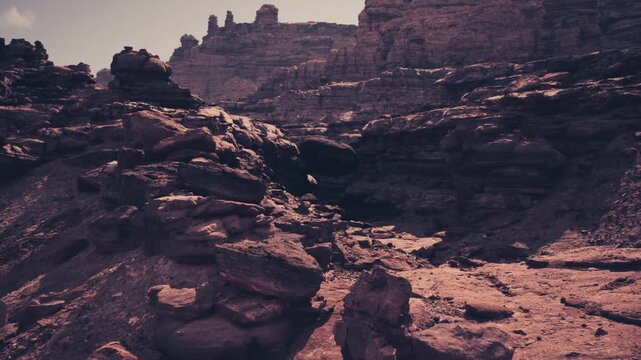 Deep canyon with stratified rocks, Gloomy sandstone gorge with multiple layered strata and expansive crevices suitable for research and illustration
