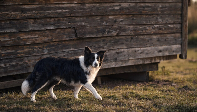 Black and white border collie walking outdoors near rustic wooden shed during golden hour