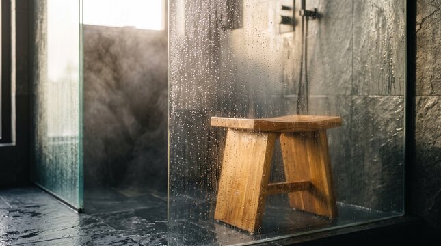 Wooden shower stool behind wet glass door in modern bathroom interior
