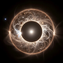 Fototapeta premium Cosmic eclipse and space exploration, abstract galaxy formation with glowing nebula and dark celestial sphere in deep universe for science background