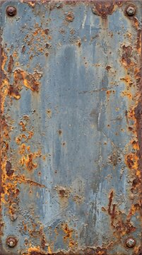 Weathered grunge metal plate with peeling blue-gray paint, orange rust spots and four corner bolts, aged industrial texture background