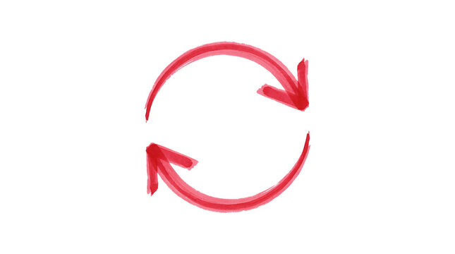 Vibrant red watercolor circular refresh arrows symbol rendered neatly on transparent background