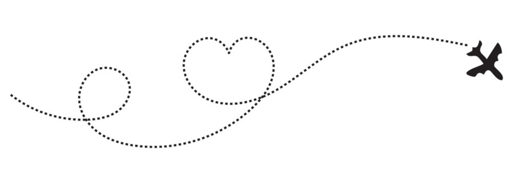 Minimalist airplane flight path dashed line with heart loop route vector illustration for romantic travel vacation honeymoon and aviation concept