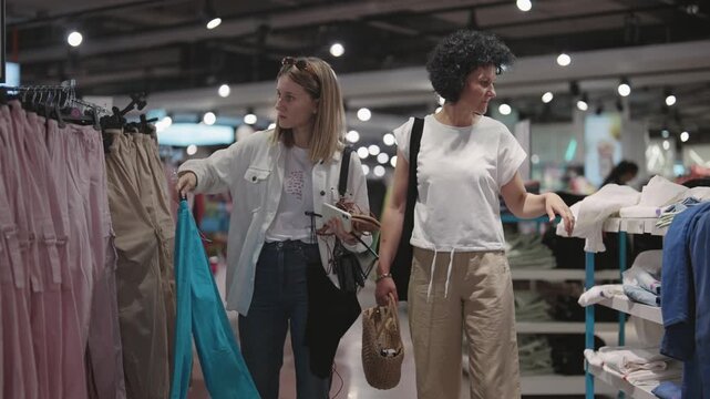 Two women are shopping in a store wearing a white shirts walking through the store, looking at clothes, slow motion
