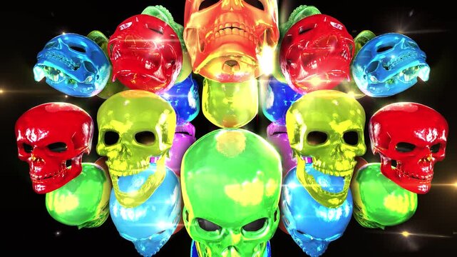 Colorful Skulls - Vibrant Abstract Skulls Rotating Background Loop