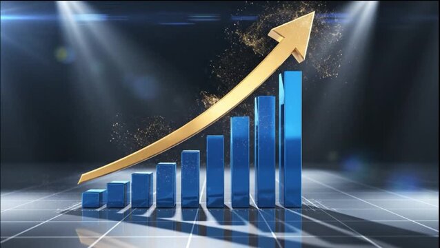 Glowing bar graph rising showing financial growth and success in a modern digital environment chart business 3D bar graph with an upward trending arrow indicating financial growth and success business