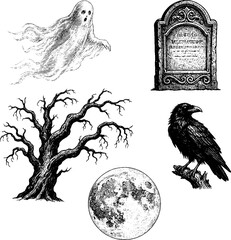 Fototapeta premium Ghost graveyard scene with raven tree and full moon