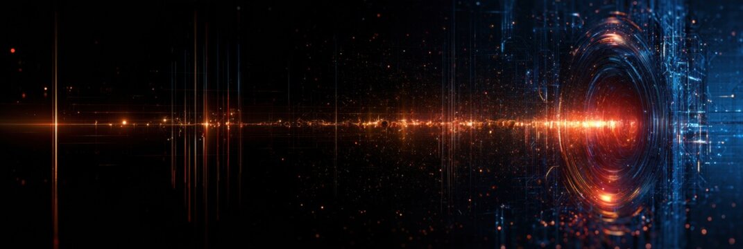 This artwork illustrates a timeline showing the advancement of quantum computing from NISQ to error correction milestones, with glowing effects.