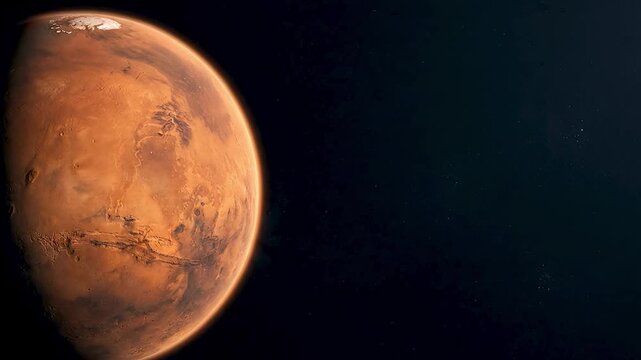 Realistic Mars from Orbit showing Red Textured Deserts and Ice Caps