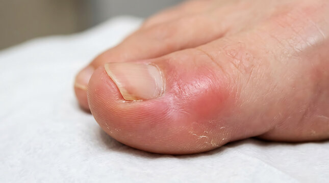 Close up of an inflamed and painful human toe with redness and swelling