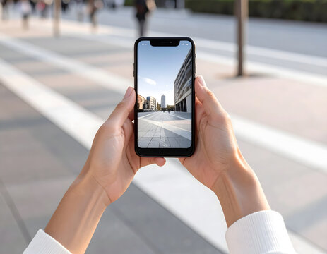 Person holding a generic black smartphone taking a photo of an urban street scene in daylight