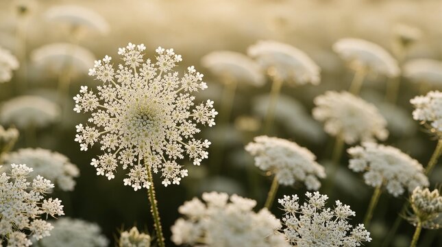 White Queen Annes Lace flowers bloom in meadow. Delicate seed heads show intricate lace patterns under soft natural light. Small wild flowers grow in field during sunset. Botanical flora texture with