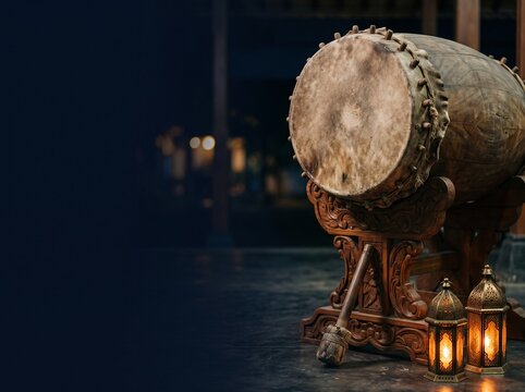 Bedug drum and glowing lanterns at night with copy space