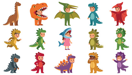 Cute kids in dinosaur costumes cartoon vector character set. Wearing prehistoric onesies, shark dress, capes, masks, running and playful children. © Tamanna
