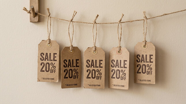 Brown craft paper sale tags hanging on a string against a neutral background