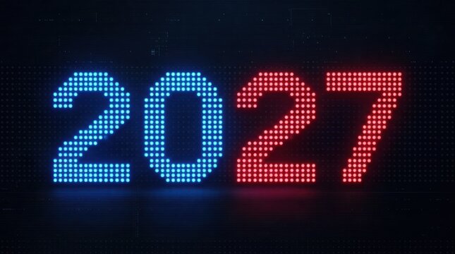 Digital Year 2027 displayed with blue and red LED lights on a dark background concept