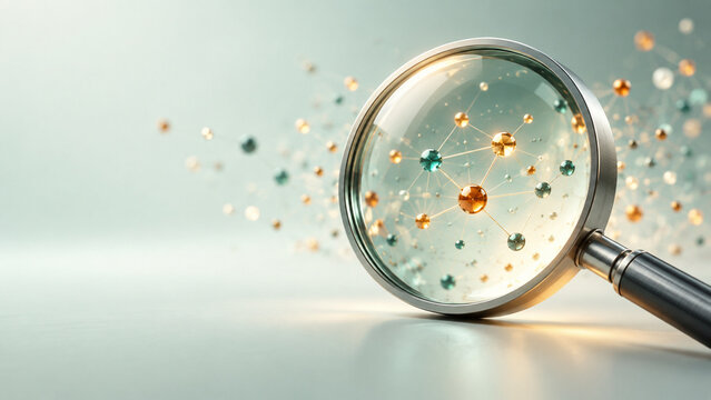 Magnifying lens revealing connected patterns in scattered data