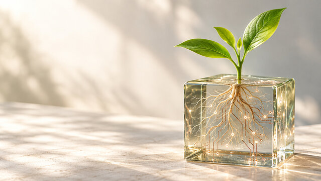 Green seedling with circuit roots inside a glass block