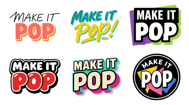 This vibrant set of 'Make It Pop' graphics features dynamic typography that boldly promotes creativity and expression, perfect for advertisements and engaging visual content.