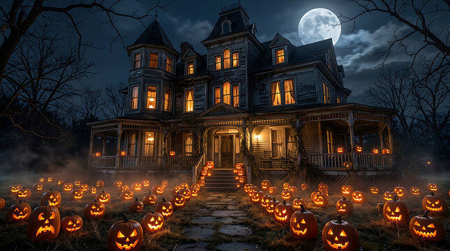 Spooky victorian mansion illuminated by dozens of carved pumpkins under a full moon