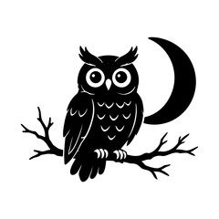 Obraz premium Black owl silhouette on tree branch with crescent moon, nocturnal bird vector illustration, minimalist owl icon for logo or tattoo design