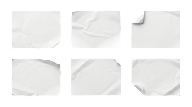 Collection of blank white glued paper posters with curled corners on transparent background
