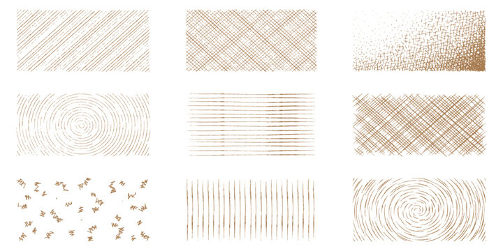 Set of brown hand drawn hatching and crosshatch sketch texture backgrounds vector illustration graphic design.