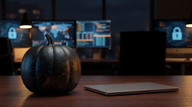 Black pumpkin with glowing digital circuit on desk in dark office