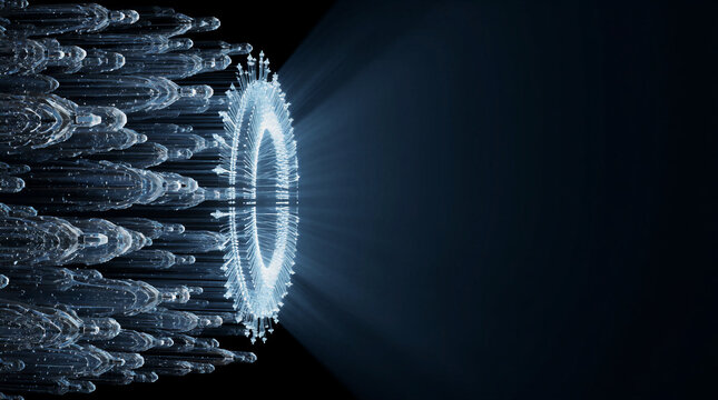 Digital convergence of sleek fiber optic torpedoes forming a massive glowing portal in dark space
