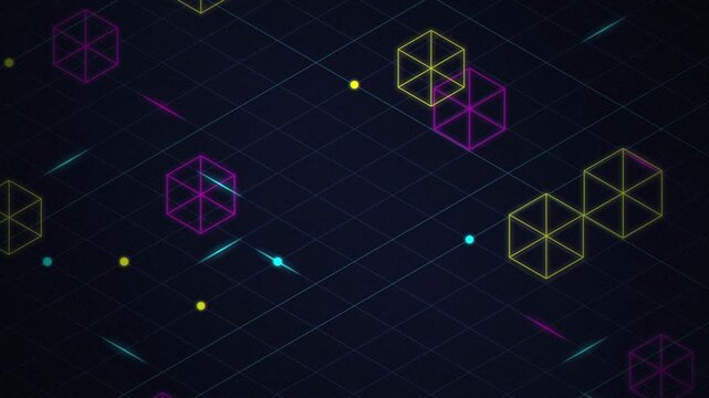 Neon isometric grid wireframe cubes seamless loop background