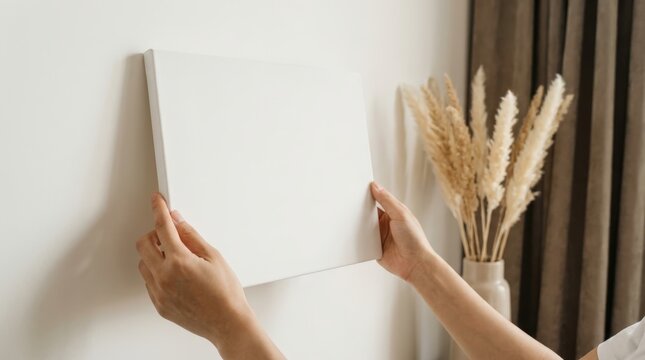 Hands holding a blank canvas on a wall with dried flowers in a vase.