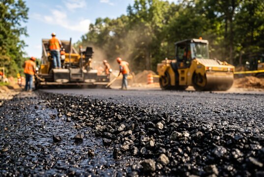 Fresh black asphalt pavement closeup on road construction site, heavy machinery, roadworks, highway maintenance, infrastructure development