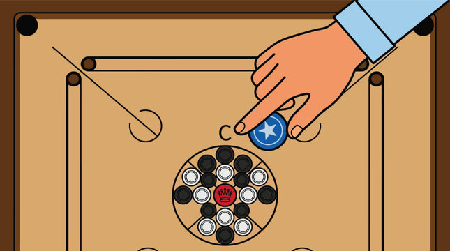 Carrom board game illustration, hand flicking blue striker on wooden carrom board, traditional tabletop game with black and white coins