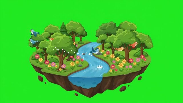 Floating island with green forest and river in cartoon style vector illustration.